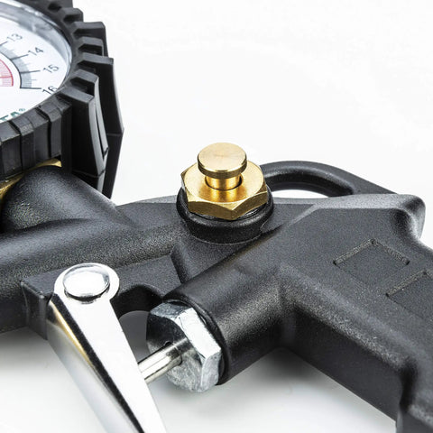 Close-up of durable metal construction on heavy duty tire inflator with pressure gauge for cars and SUVs, 0 to 220 PSI range.