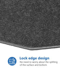 Close-up of the lock edge design on Men Urinal Mats Twelve Pack For Bathroom Non Slip Floor Pads Under Urinal Anti Slip Ultra Absorbent And Long Lasting Black Rectangular Mats To Keep Floors Dry And Safe Easy To Clean.