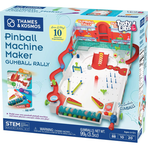 Build Your Own Pinball Machine STEM Kit For Kids And Makers, Gumball Rally Edition packaging with game pieces visible.
