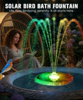Bird Bath Fountain Pump Upgrade with LED Light and 9 Spray Modes for Outdoor Ponds, glowing water display at night.