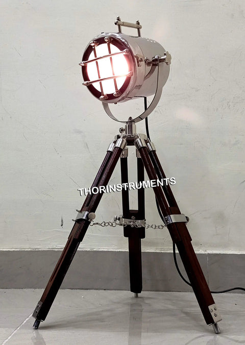 Vintage Spotlight Tripod Table Lamp With Rustic Wooden Tripod Stand, Adjustable Desk Light, 22 Inch Tall, Aluminum Head