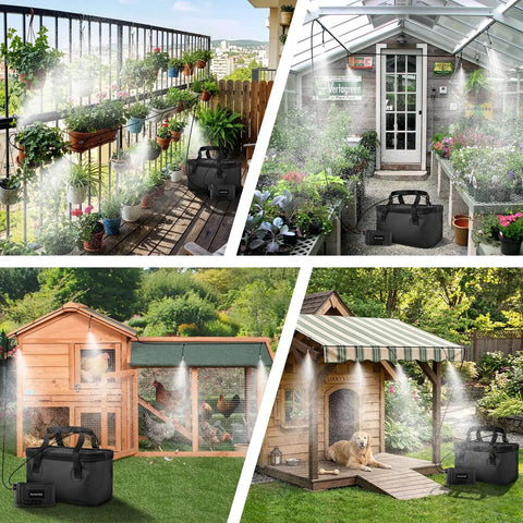 Beat The Heat Anywhere Portable Misting System With 12000mAh Pump And 20L Water Bucket shown cooling various outdoor spaces