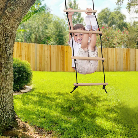 Child using Rope Ladder For Kids Climbing Obstacle Course With Sturdy Wood Beams And Top Hooks, Hanging Ladder For Swing Set outdoors