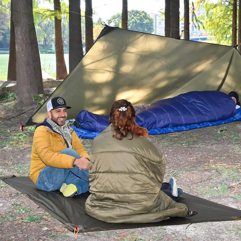 Two campers on Ultralight Tent Footprint with 4000mm PU Waterproof Coating Silnylon Groundsheet in forest