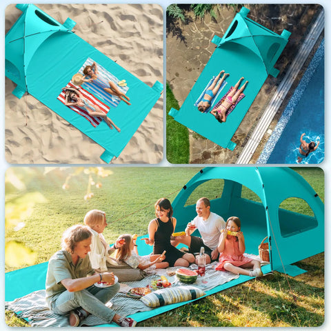 Family Size Beach Sun Shelter With 114 By 82 Inch Extended Mat For 3 To 6 People, UPF 50 Plus UV Protection at beach and picnic