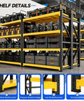 Heavy Duty Metal Garage Shelving Unit, A Dang Solid Shop Storage Rack That Tackles Every Heavy Tool Without Cracking A Sweat, Industrial Load Bearing Organizer, Black Yellow, 47 By 79 By 24 Inches, with detailed shelves and storage bins.