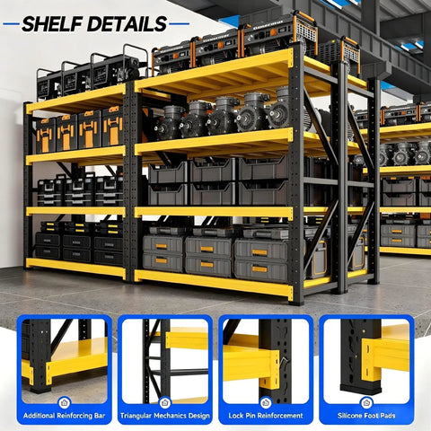 Heavy Duty Metal Garage Shelving Unit, A Dang Solid Shop Storage Rack That Tackles Every Heavy Tool Without Cracking A Sweat, Industrial Load Bearing Organizer, Black Yellow, 47 By 79 By 24 Inches, with detailed shelves and storage bins.
