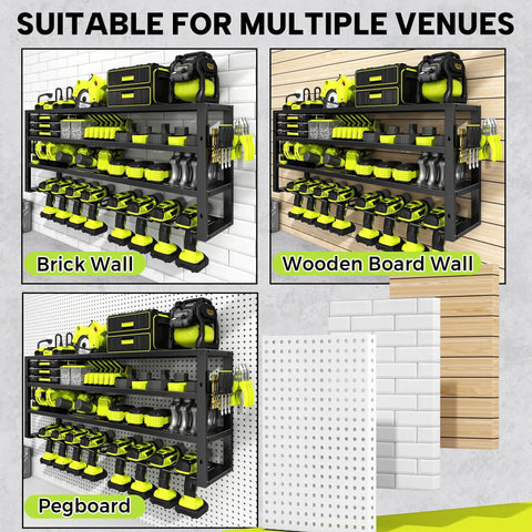 Heavy Duty Power Tool Organizer Wall Mount With Charging Station And Eight Outlet Power Strip Pro Grade Four Layer Drill Holder on brick wall, wooden board wall, and pegboard