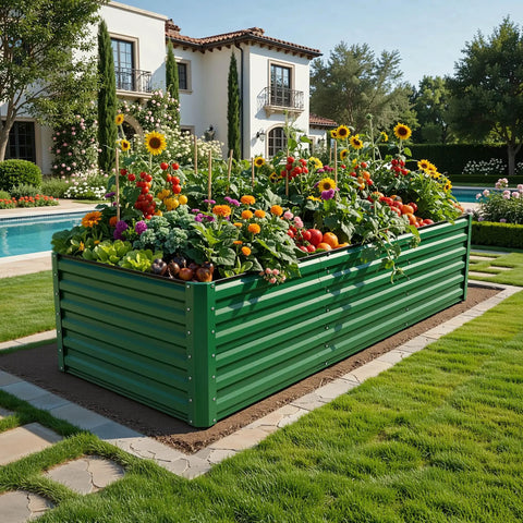 8x4x2ft Large Raised Garden Bed Kit With Galvanized Metal Planter Box And Included Gloves Ground Nails Support Rods Safety Rubber For Outdoor Above Ground Use Ideal For Vegetables Flowers And Plants Green in a garden setup