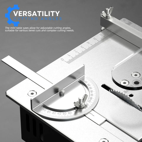 96W Precise Mini Table Saw For DIY Woodworking And Hobby Projects, adjustable cutting angles with bevel scale detail