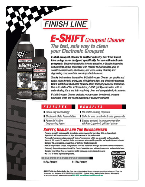 Label of Electronic Shifting Cleaner Aerosol For Bike Drivetrain Nine Ounce Quick Dry Degreaser Removes Sticky Grit No Water Rinse