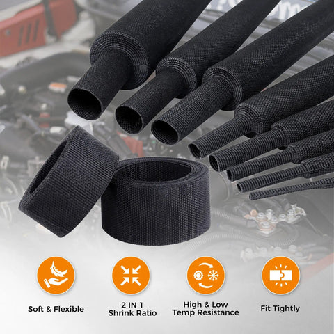 Heat Shrink Braided Sleeving For Wires And Cables Three Eighths Inch By Fifteen Feet High Temperature Rugged Automotive Grade Protection Tough Durable Insulation Temperature Range Minus Thirty One To Two Hundred Eighty Four Fahrenheit black braided sleeve for wiring
