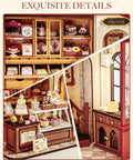 Vintage French Dessert Shop Miniature Dollhouse Kit With LED Light One 18 Scale Wooden Diorama Model For Adults Do It Yourself Craft Project Totally Cute Home Decor Gift For Boys And Girls showcasing detailed patisserie scene.