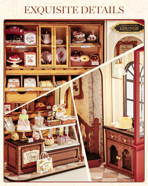 Vintage French Dessert Shop Miniature Dollhouse Kit With LED Light One 18 Scale Wooden Diorama Model For Adults Do It Yourself Craft Project Totally Cute Home Decor Gift For Boys And Girls showcasing detailed patisserie scene.