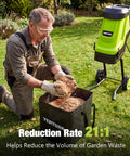 Man operating Electric Wood Chipper And Shredder With 15 Amp Motor, 1.8 Inch Cutting Capacity, 45 Liter Collection Bag in garden