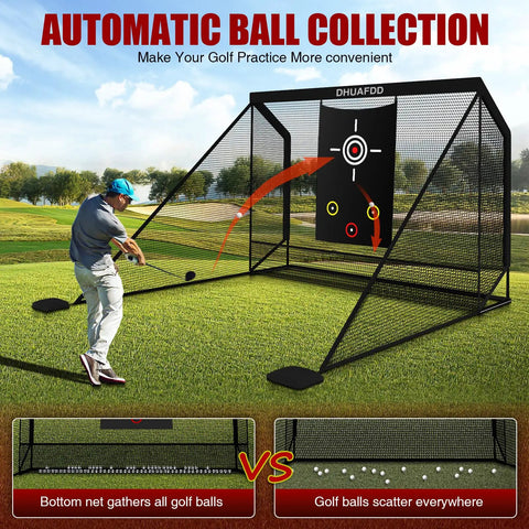 Golfer using Heavy Duty Golf Hitting Net With Target Cloth 10 X 7.5 Feet Side Barriers Backyard Practice Net for swing training.