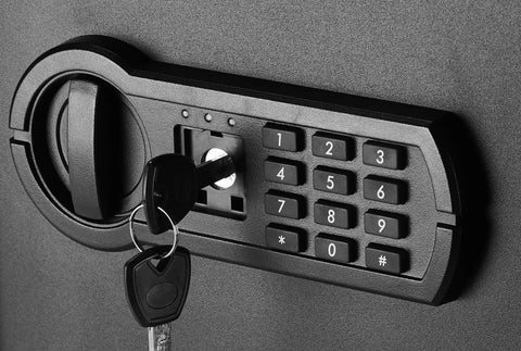 Steel Home Security Safe With Electronic Keypad Lock For Docs And Valuables, 1.8 Cubic Feet, Black, close-up of keypad with key