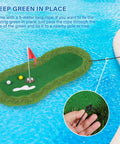 Floating Golf Green For Pool 47 By 24 Inches With Ball Retriever And Anti Drift Ropes showing on water with close-up of anchor rope