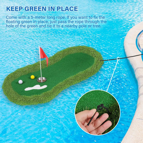 Floating Golf Green For Pool 47 By 24 Inches With Ball Retriever And Anti Drift Ropes showing on water with close-up of anchor rope