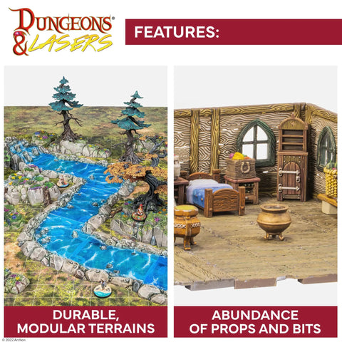 Image showing durable, modular terrains with a river and woodland scene, and a cozy room with props for tabletop games.