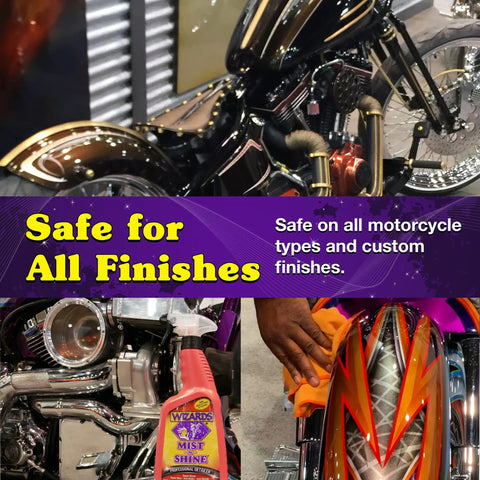Motorcycle Detailing Kit Complete 82 Oz Exterior Cleaning Set With Mist N Shine Bug Remover polish on different bikes