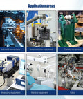 Application areas for industrial equipment including manipulators, semiconductor tools, carving, measuring, medical devices, and robots.