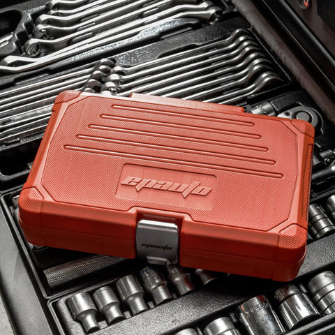 Closed red case of 47-Piece 1/4-Inch And 3/8-Inch Drive Socket Set With 90-Tooth Reversible Ratchet, Chrome Vanadium, Rust-Resistant