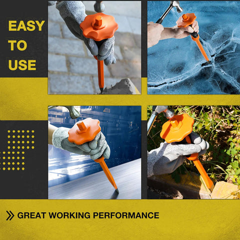Beefy Heavy Duty 12 Inch Chisel Set with Hand Guard in use on various surfaces, showcasing shock absorb handle protection.