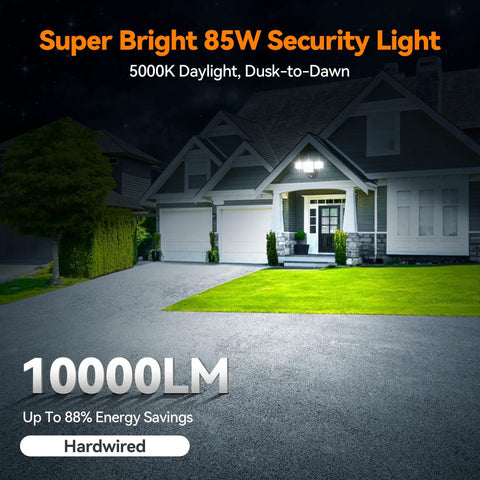 85W LED Flood Lamp Sheds 10000 Lumens Of Real Juice With Four Pivot Heads And Dusk To Dawn Switch For Solid Yard Defense in a residential setting.
