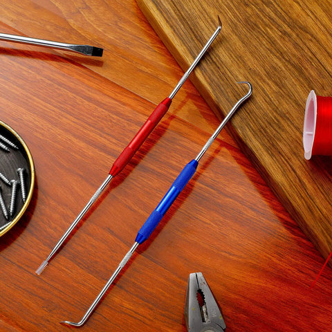 Beefy And Reliable Double Pointed Scriber Set With Knurled Aluminum Grip Rust Proof Steel Marking Hooks on wood surface.