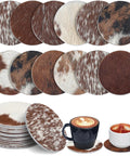 Premium Round Cowhide Coasters Set Of Twelve Natural Leather Drink Mats Ultra Smooth Finish placed on a table with drinks.