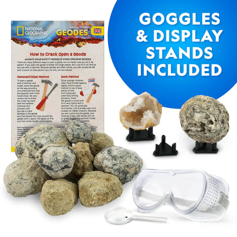Crack Open 15 Premium Geodes Science Kit with goggles, display stands, and instructions for revealing crystals and minerals.