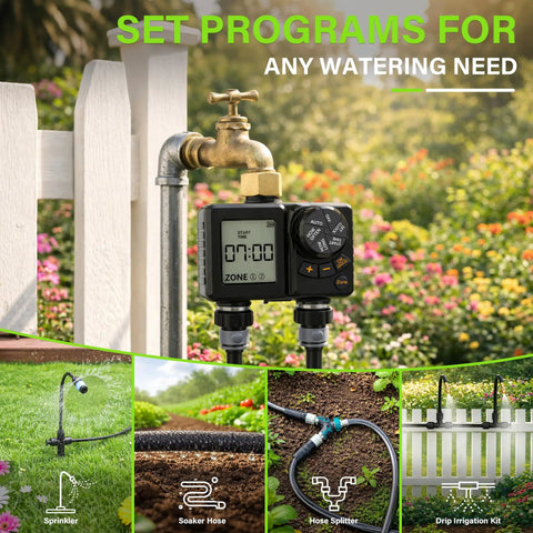 Rechargeable Two Zone Water Timer For Garden And Lawn, IPX6 Sprinkler Controller With Rain Delay attached to outdoor faucet