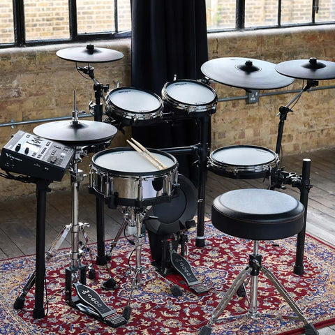 VAD516 V Drums Acoustic Design Electronic Drum Kit Bundle with stools and drumsticks in home studio setting