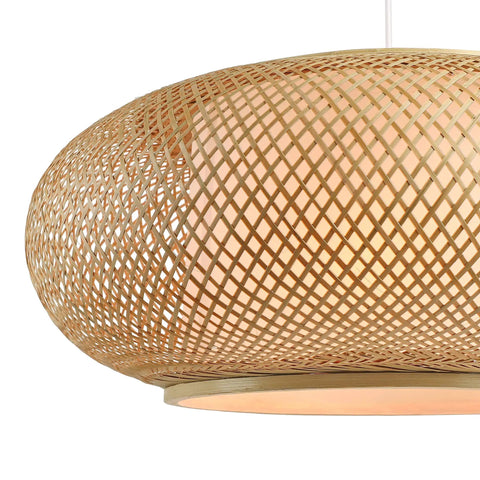 Close-up of Vintage Bamboo Woven Pendant Light With Birdcage Shade, Cozy Rustic Farmhouse Chandelier, Beige 23.62 Inch Wicker Ceiling Fixture