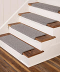 Bayside Charm Dark Grey Carpet Stair Treads With Anti Slip Backing For Wooden Stairs Indoor Mats 27 Inches Wide By 9.75 Inches Deep Durable Polyester Set Of Fourteen installed on wooden stairs