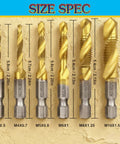 Six Piece Titanium Coated Drill Tap Set For Aluminum, Brass, Zinc, Copper, Plastic And Wood showing M3x0.5 to M10x1.5 sizes