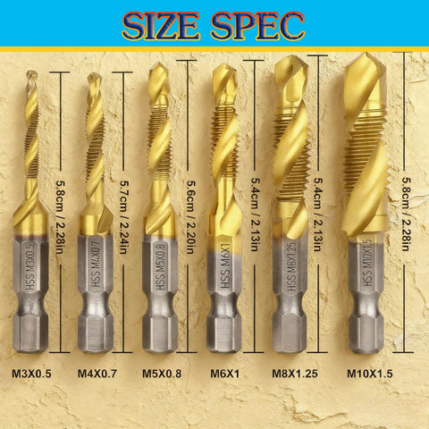 Six Piece Titanium Coated Drill Tap Set For Aluminum, Brass, Zinc, Copper, Plastic And Wood showing M3x0.5 to M10x1.5 sizes