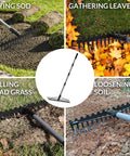 5.4 Foot Bow Rake Pro Grade Heavy Duty Garden Rake With Stainless Steel Handle And 17 Steel Tines used in various garden tasks