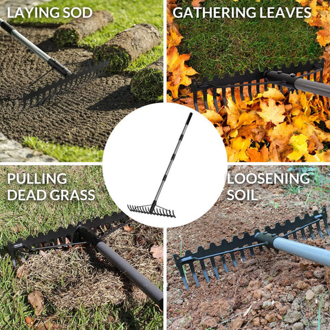 5.4 Foot Bow Rake Pro Grade Heavy Duty Garden Rake With Stainless Steel Handle And 17 Steel Tines used in various garden tasks