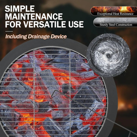 Close-up of 52 Inch Outdoor Wood Burning Fire Pit Table Combo With 28 Inch Bowl showing lit coals and grill surface.