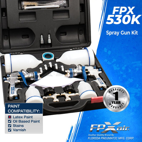 Gravity Feed HVLP Spray Gun Kit With Dual Guns, 600cc And 120cc Cups, Regulators, And Accessories For DIY Home Improvement And Auto Pro Painting, FPX-535K in open case with paint compatibility