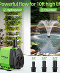 Submersible Fountain Pump 800GPH 45W Ultra Quiet Aquarium System with three nozzles for hydroponics and fountains, 10 ft lift.