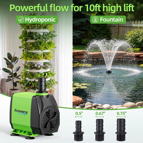 Submersible Fountain Pump 800GPH 45W Ultra Quiet Aquarium System with three nozzles for hydroponics and fountains, 10 ft lift.
