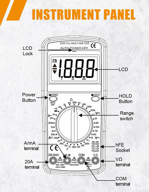 AMT32 Digital Multimeter Tester Portable Meter instrument panel with labeled buttons and LCD display for electrical jobs