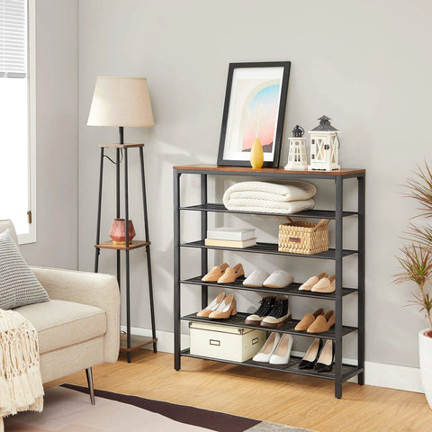 Ditch The Closet Mess With This Giant Shoe Rack Featuring Adjustable Metal Mesh Shelves For Entryway Or Mudroom Park Dozens Of Daily Kicks Rustic Brown Storage Unit, showcasing multiple pairs of shoes neatly organized.