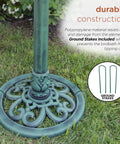 Close-up of base of Pedestal Birdbath With Scrollwork In Aged Green for Outdoor Gardens and Patios, 28 inch tall, showing durability.