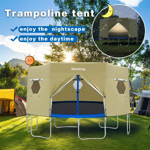 16 Foot Trampoline Tent Cover For Round Trampolines With 6 Straight Poles or W Shape Legs, weatherproof enclosure on lawn.