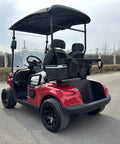 Red 48 Volt 105 Ah Lithium Electric Golf Cart With Spacious Built In Insulated Cooler, showcasing rear view and seating.