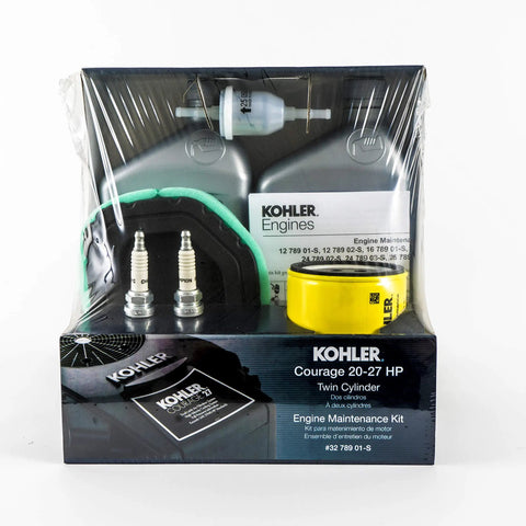 Maintenance Kit For Courage Twin Series SV710 Through SV840 Riding Lawn Mowers with filters, spark plugs, and oil.